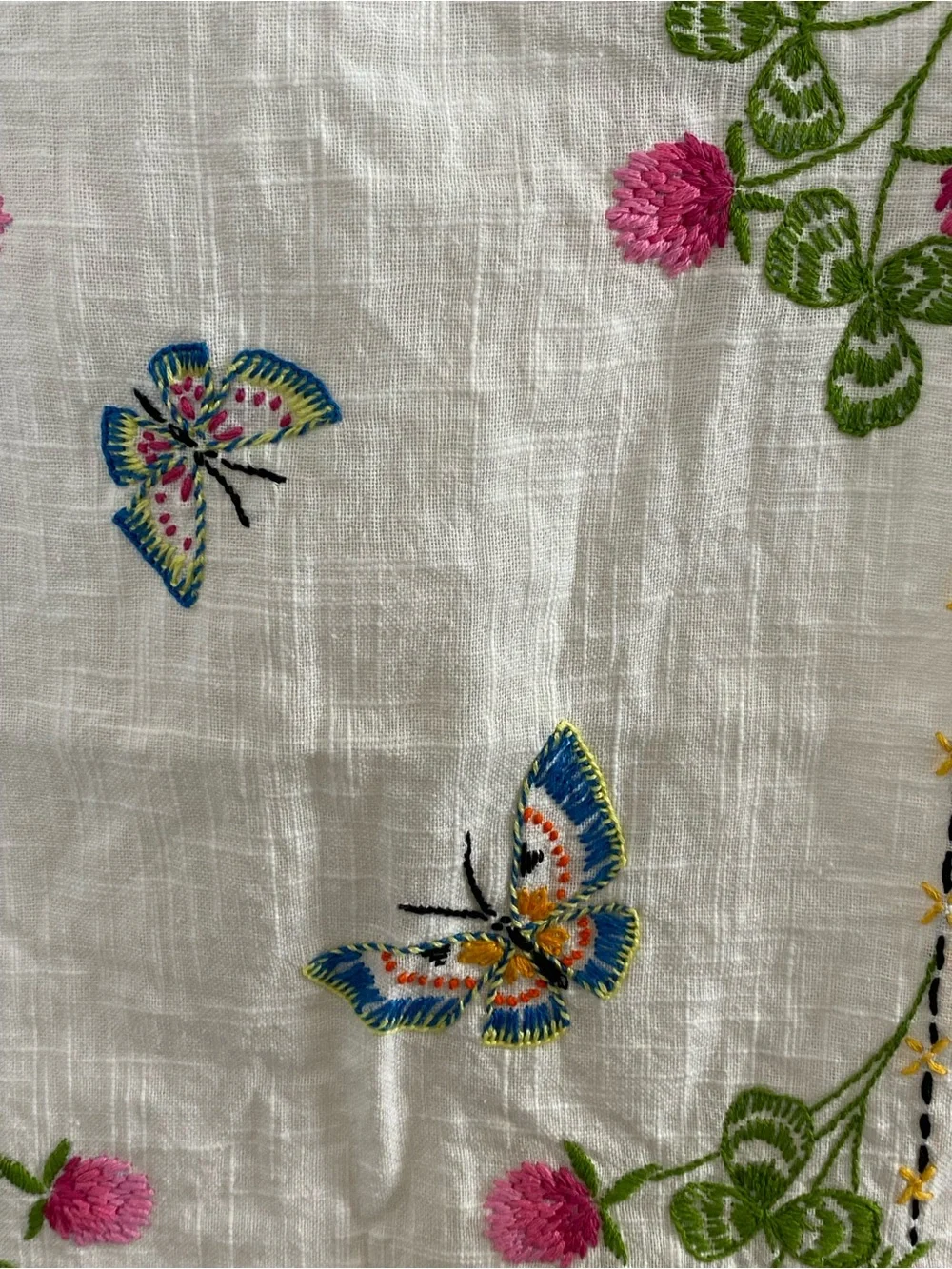Vintage Embroidered Table Runner with Butterflies & Flowers